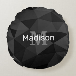 Dark grey black geometric mesh pattern Monogram Round Cushion