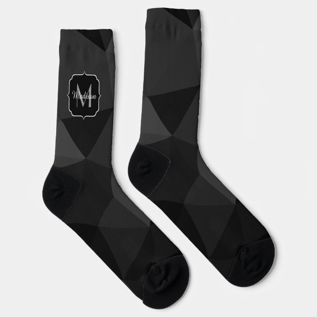 Dark grey black geometric mesh pattern Monogram Socks (Right)