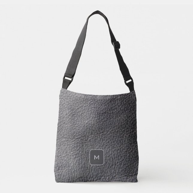 Dark grey black leather photo print monogrammed crossbody bag (Front)