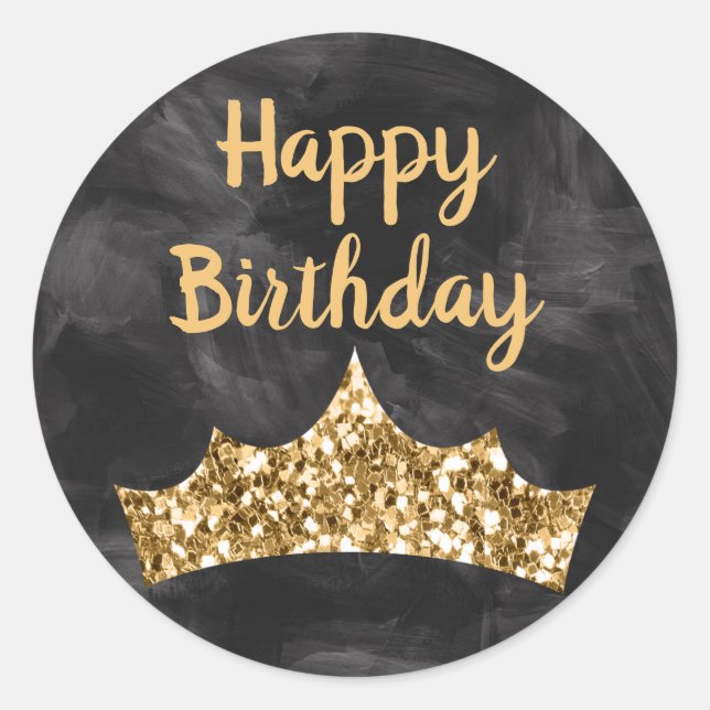 Dark Grey Black paintbrush and Gold Crown Birthday Classic Round Sticker (Front)