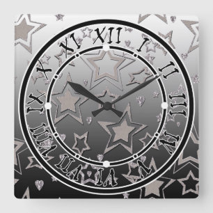 Dark grey black white gradient ombre stars abstrac square wall clock