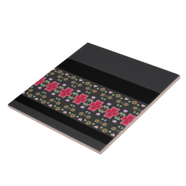Dark Grey Black With Fuchsia Pink Floral Tile (Side)