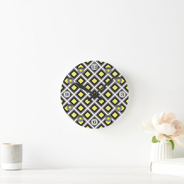 Dark Grey, Black, Yellow Ikat Diamonds by STaylor Round Clock (Home)