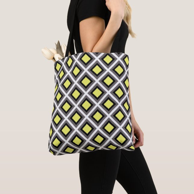 Dark Grey, Black, Yellow Ikat Diamonds by STaylor Tote Bag (Close Up)