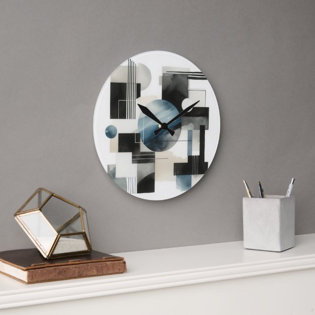 Dark Grey Blue Beige Black Abstract Art Pattern Large Clock (Office)