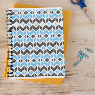 Dark Grey Blue Name Geometric Herringbone Notebook