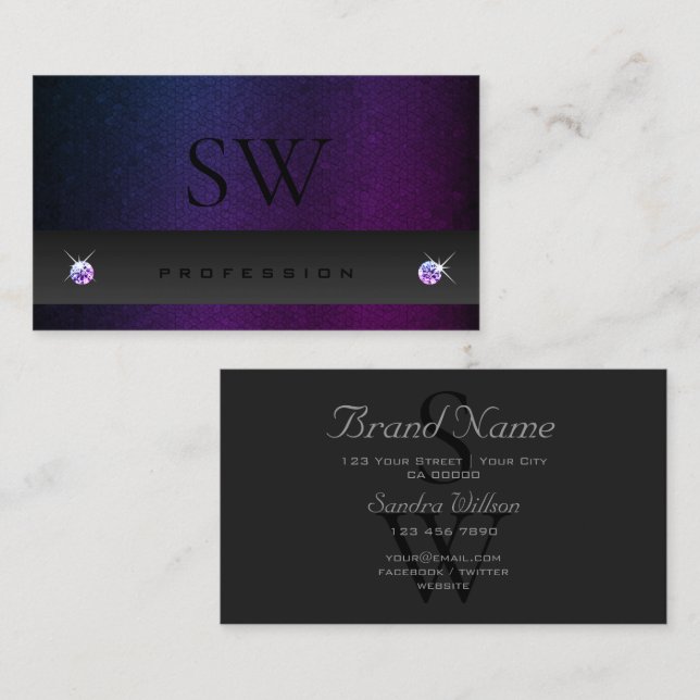 Dark Grey Blue Purple Gradient Pattern Initials Business Card (Front/Back)