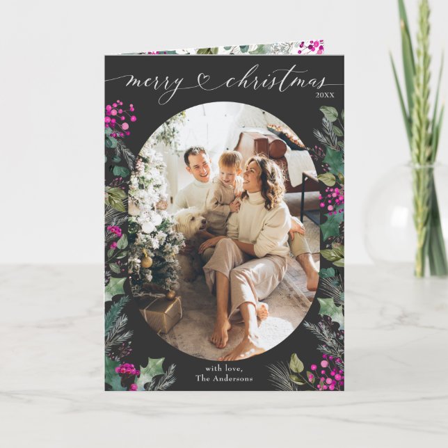 Dark Grey Boho 1 Oval Photo Christmas Card (Front)