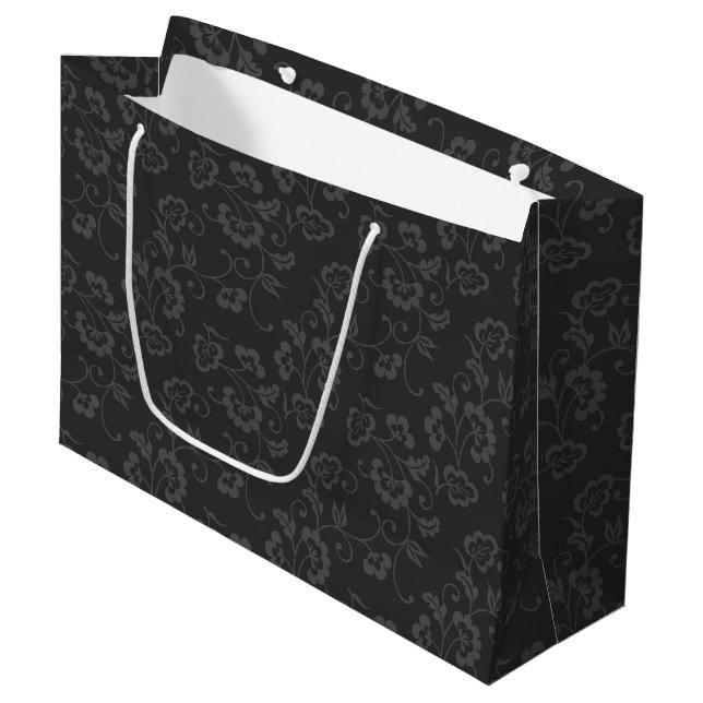 Dark Grey Botanical Floral Pattern Large Gift Bag (Front Angled)