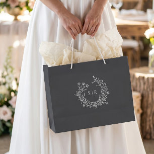 Dark Grey Botanical Monogram Wedding Welcome Guest Large Gift Bag