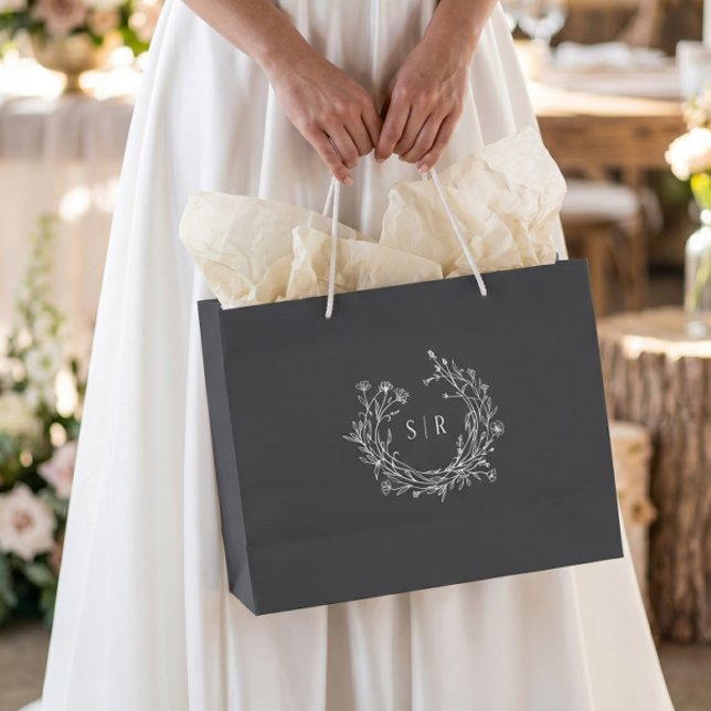 Dark Grey Botanical Monogram Wedding Welcome Guest Large Gift Bag (Creator Uploaded)