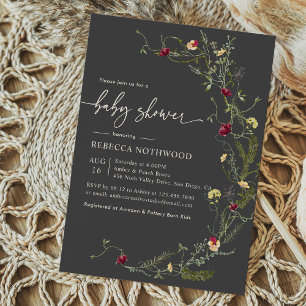 Dark Grey Botanical Wildflowers Baby Shower Invitation