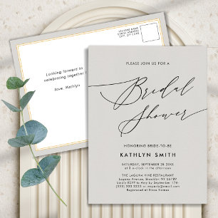 Dark Grey Bridal Shower Minimalist Elegant Script Invitation Postcard