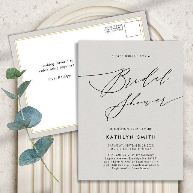 Dark Grey Bridal Shower Minimalist Elegant Script Invitation Postcard (Creator Uploaded)