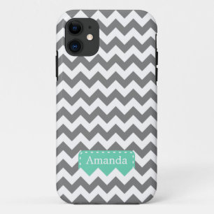 Dark Grey Chevron Mint Green Name iPhone 11 Case