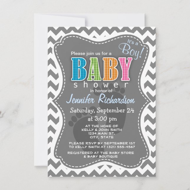Dark Grey Chevron; zig zag Invitation (Front)