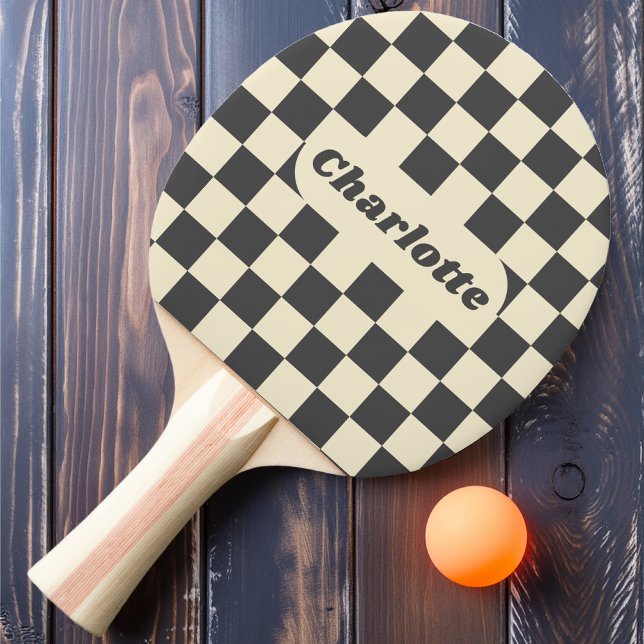 Dark Grey & Cream Chequered with Name Ping Pong Paddle (Creator Uploaded)