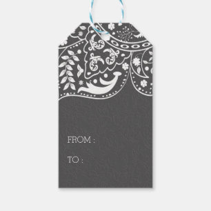 Dark Grey Damask White Lace Gift Tags