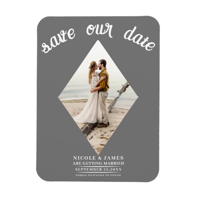 Dark Grey Diamond Photo Wedding Save the Date Magnet (Vertical)