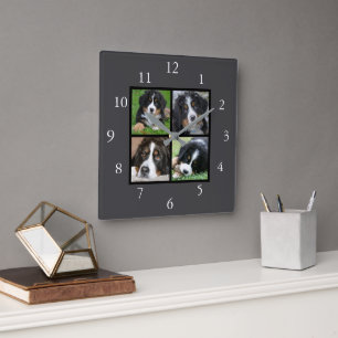 Dark grey Family custom photo collage Square Wall Clock