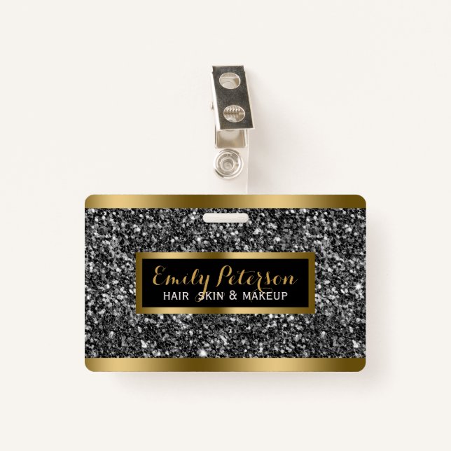 Dark Grey Faux Glitter Gold Accents ID Badge (Front with Clip)