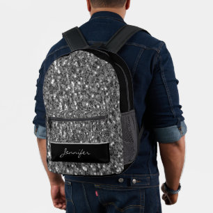 Dark grey faux glitters sparkles black Custom name Printed Backpack