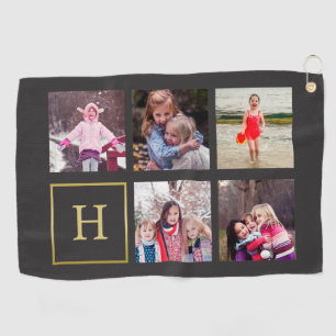 Dark Grey & Faux Gold Photo Collage Monogram Golf Towel