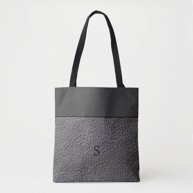 Dark grey faux leather and dark grey monogrammed tote bag (Front)