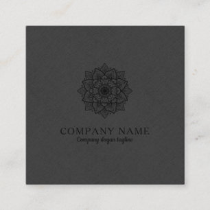 Dark-Grey Faux Linen & Black Mandala Square Business Card