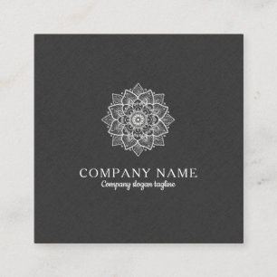 Dark grey Faux Linen & White Mandala Square Business Card