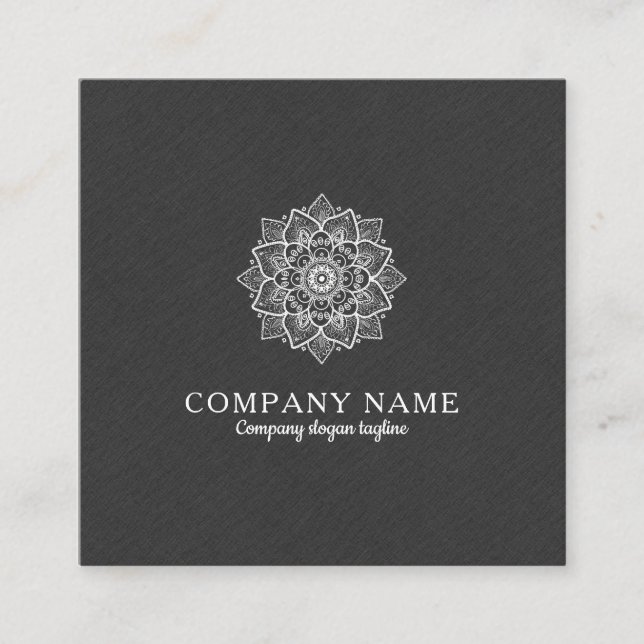 Dark grey Faux Linen & White Mandala Square Business Card (Front)