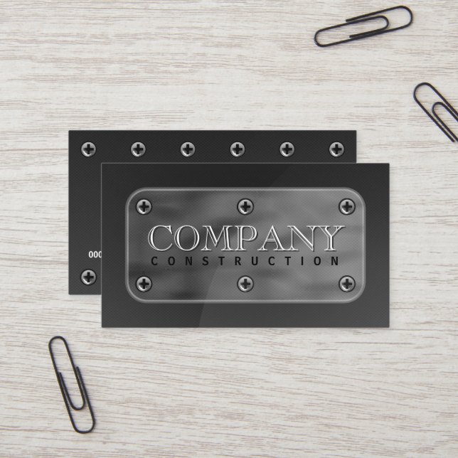 Dark Grey Faux Steel Metal Plate and Screws Business Card (Front/Back In Situ)