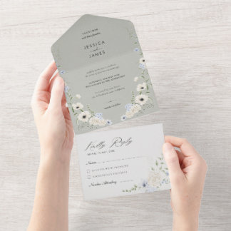 Dark Grey Flowers Tear-Off RSVP | Modern Wedding All In One Invitation