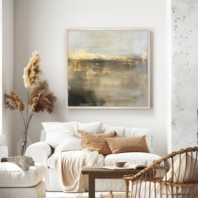 Dark Grey Gold Abstract Painting Wall Art (Black Gray Gold Abstract Painting Wall Art in a neutral boho living room.)