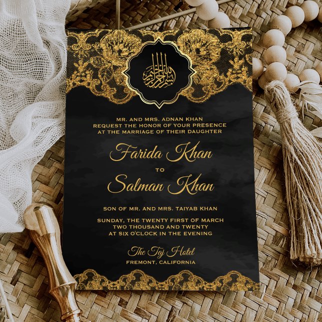 Dark Grey Gold Foil Lace Islamic Muslim Wedding Invitation (Creator Uploaded)