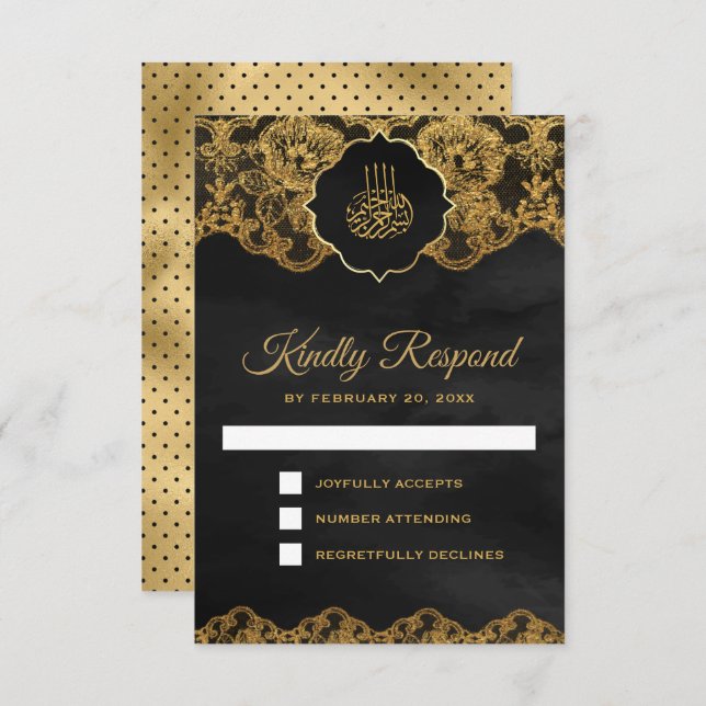 Dark Grey Gold Foil Lace Islamic Wedding RSVP Card (Front/Back)