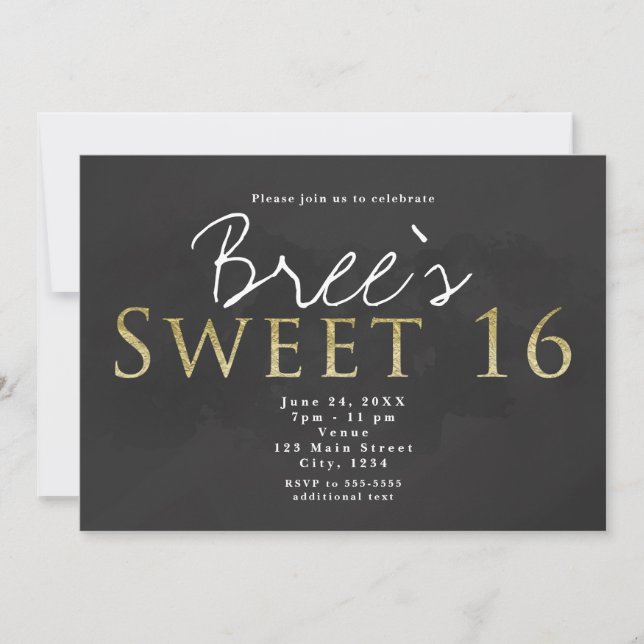 Dark Grey & Gold SWEET 16 Chic Birthday Party Invitation (Front)