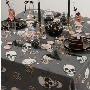 Dark Grey Gothic Skulls and Roses Halloween Tablecloth
