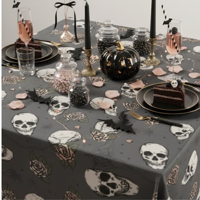 Dark Grey Gothic Skulls and Roses Halloween Tablecloth (Gray Goth Floral Skulls Halloween, Dia de los Muertos Tablecloth. Gothic Skull, Rose Flower Pattern)