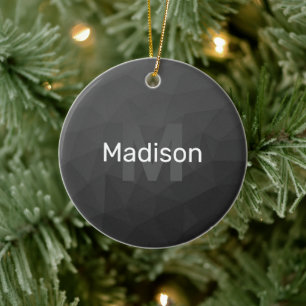 Dark grey gradient geometric mesh Monogram Ceramic Tree Decoration