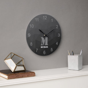 Dark Grey Gradient Geometric Mesh Pattern Monogram Large Clock