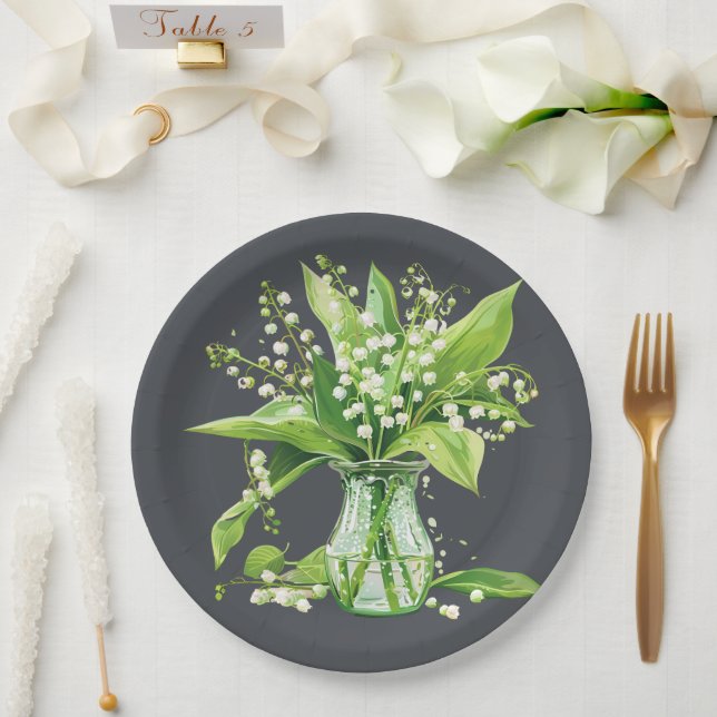 Dark Grey Green Lily of the Valley Shower Paper Plate (Wedding)
