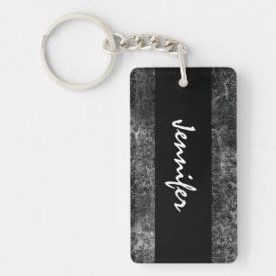 Dark Grey Grunge Damask Custom Name Black White Key Ring