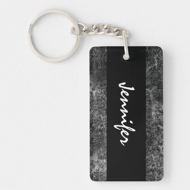 Dark Grey Grunge Damask Custom Name Black White Key Ring (Front)