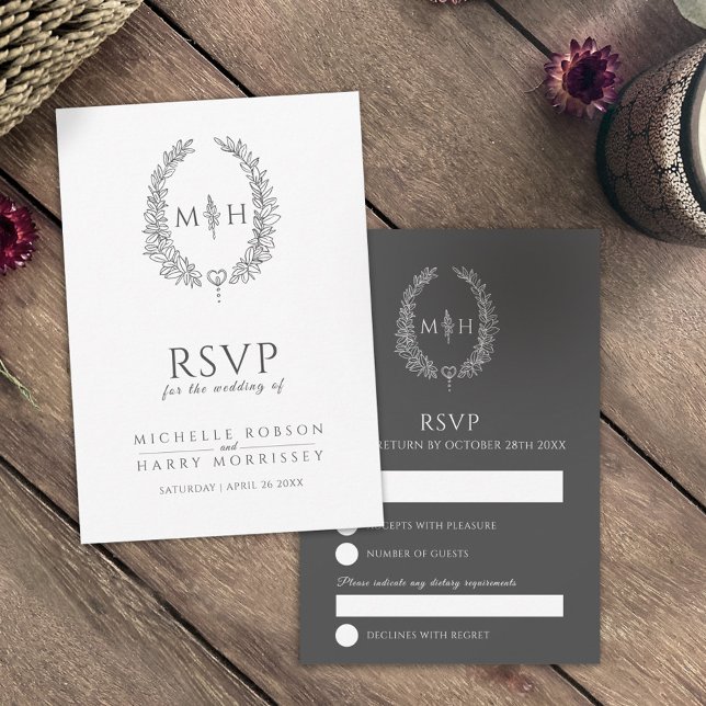 Dark grey hand drawn leaf monogram RSVP wedding Card (Creator Uploaded)