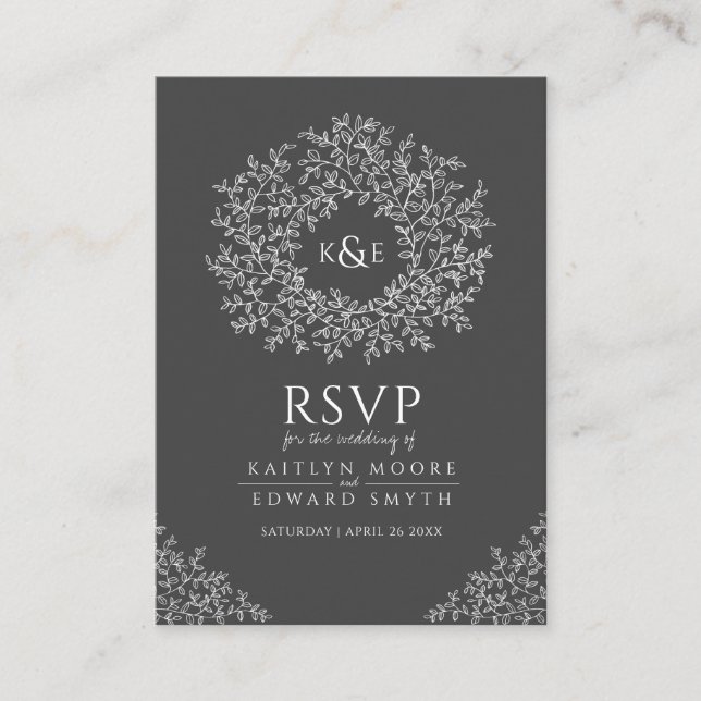 Dark grey hand drawn leaf monogram RSVP wedding Enclosure Card (Front)