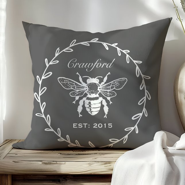 Dark Grey Honey Bee Laurel Honeycomb Monogram Cushion (Creator Uploaded)