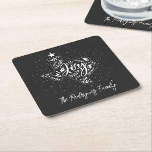 Dark Grey Joy Holiday Leaves Texas Shape Square Paper Coaster
