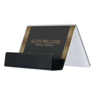 Dark Grey Leather Print With Gold Accents Desk Business Card Holder