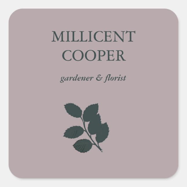 Dark grey leaves silhouette purple square sticker (Front)